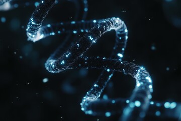 Abstract illustration of a DNA strand with glowing particles on a dark background, symbolizing life and genetic science.