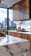 Wall Mural - A kitchen with a marble countertop and wooden cabinets