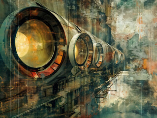 Wall Mural - A painting of a train with a yellow light on the front. The train is surrounded by a lot of other trains, and the painting has a very industrial and futuristic feel to it