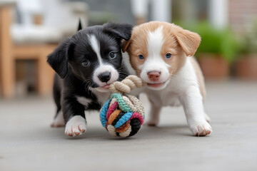 Two puppies playing with a toy. One is black and white and the other is brown and white. Ai generative