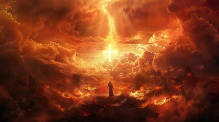 Sticker - A lone figure stands on a fiery landscape, looking towards a cross, glowing in the midst of a storm with lightning in the clouds.