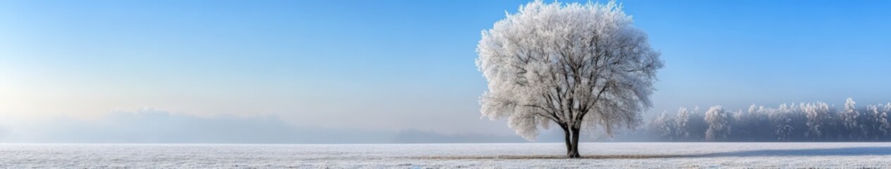 frost-covered tree stands alone in a winter landscape at dawn