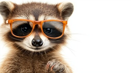 Wall Mural - A raccoon wearing glasses and smiling. The raccoon is wearing a pair of orange glasses and is looking at the camera