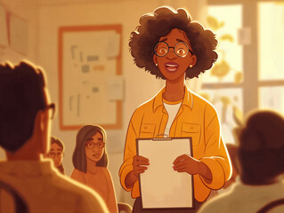 Poster - A woman in a yellow shirt is holding a clipboard and talking to a group of people. Scene is serious and informative, as the woman is likely giving a presentation or lecture