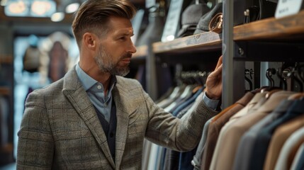 A man is shopping for clothes in a store