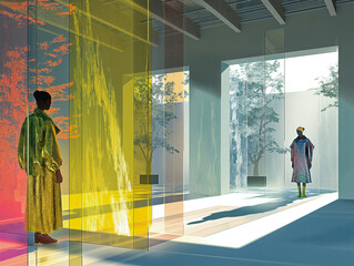 Wall Mural - A woman in a yellow jacket stands in front of a window with a man in a blue jacket standing behind her. The room is brightly lit and the colors of the walls and windows create a vibrant atmosphere