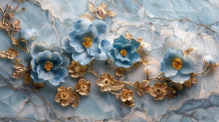 Wall Mural - Blue and gold flowers are featured on textured backgrounds in this set of three 3D floral wall art panels