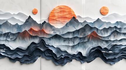 Wall Mural - Wall art panels featuring abstract 3D mountain landscapes