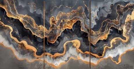 Wall Mural - In a grunge style, this set of abstract 3D textured wall art panels features burnt and gold elements