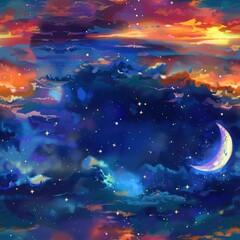 Canvas Print - Night Sky with Moon and Stars.
