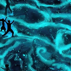 Wall Mural - Silhouettes of dancers against a glowing teal abstract background.