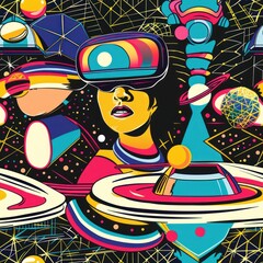 Wall Mural - Woman wearing VR headset in a colorful abstract galaxy.