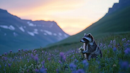 a raccoon sitting in a patch of wildflowers