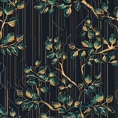 Wall Mural - Abstract Geometric Pattern with Green and Gold Leaves.