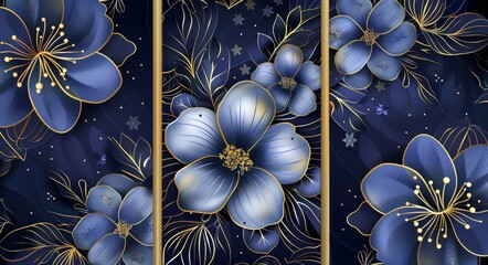 Wall Mural - A set of three abstract floral wall art panels with a dark background and blue and gold leaves