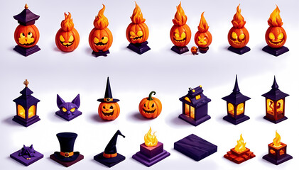 Spooky halloween background with house and pumpkin, graphic design illustration wallpaper,  set of fire flames