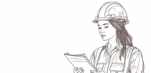 Line art illustration of a female architect or engineer holding construction plans, continuous single line drawing