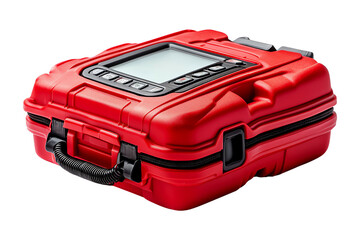 Durable red equipment case with a secure handle and protective features, ideal for storage and transport of sensitive items, isolated on transparent background.