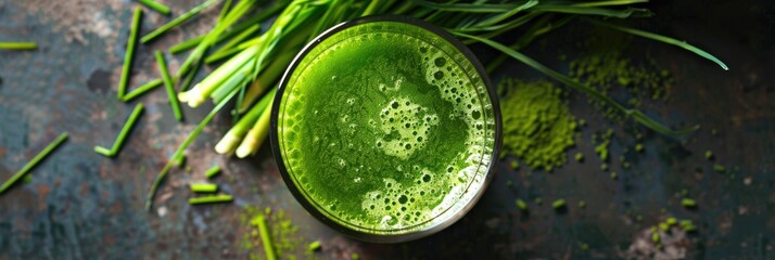 Wall Mural - Top view of a glass filled with fresh homegrown barley grass juice garnished with blades and powder