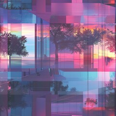 Wall Mural - abstract geometric cityscape with trees reflected in glass.