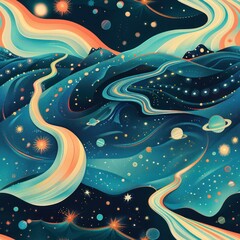 Canvas Print - Abstract cosmic background with stars, planets and swirls.