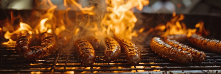 Canvas Print - Close up of sausages cooking on a fiery grill