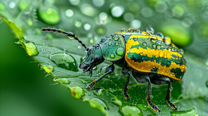 A close-up of a buprestis beetle perched on a leaf covered in droplets in a lush green garden after rain. Generative AI.