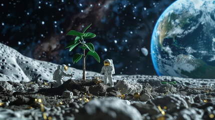 Astronauts on lunar surface plant and nurture green seedlings, symbolizing space exploration and sustainability. earth is visible in background, cosmic scale.