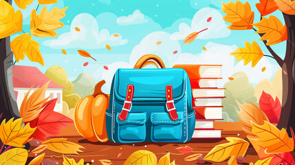 Wall Mural - blue backpack, stack of books, and pumpkins on a wooden surface surrounded by colorful autumn leaves
