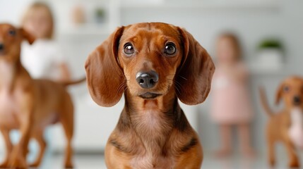 Alert Dachshund Standing Tall Indoors with Playful Background