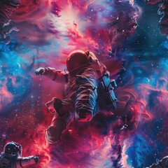 Sticker - Astronaut floating in space, surreal nebula background.