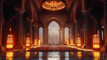 Wall Mural - Beautiful mosque in Ramadan Kareem or Eid Al Fitr vibes. Islamic mosque architecture building