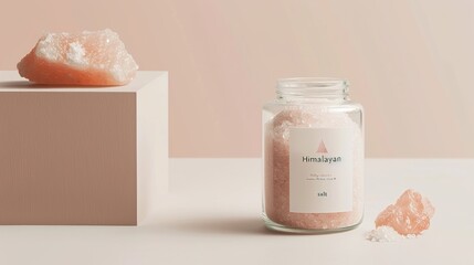 a Himalayan salt brand background with lettering. a chic salt crystal in soft pastels, with a touch of pink.  