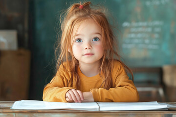 Canvas Print - Adorable red-haired girl sitting at a desk with an open book, looking at the camera in a cozy classroom