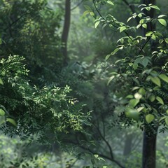 Canvas Print - Lush Greenery in a Foggy Forest.