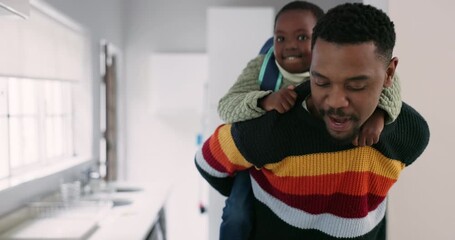 Canvas Print - Happy, house and a father with a child for playing, family fun and bonding with love. Smile, man and an African dad with a hug, care and support for a young boy kid together in the kitchen of a home