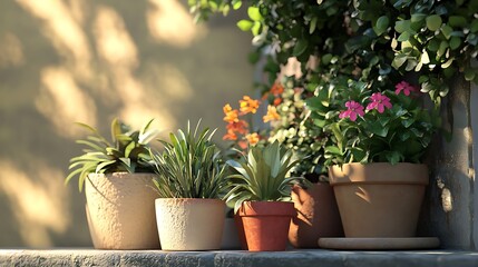 Poster - A Collection of Potted Plants in Soft Sunlight