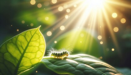 Wall Mural - A fuzzy caterpillar basks in the sunlight on a green leaf.