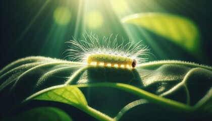 Wall Mural - A fuzzy yellow caterpillar on a green leaf with sunbeams.