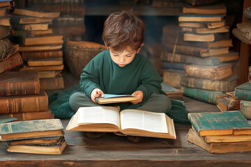 Young boy sitting cross-legged on the floor, surrounded by stacks of old books, deeply engrossed in reading