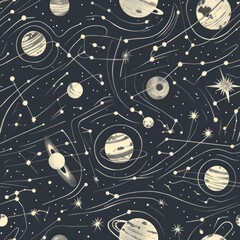 Wall Mural - Seamless celestial pattern with planets and stars.