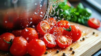 Wall Mural - Fresh tomatoes splashing with water, depicting vibrant colors and healthy ingredients, perfect for culinary and cooking themes.