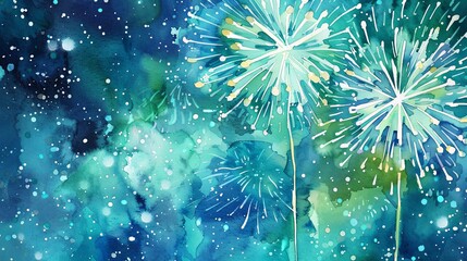 Wall Mural - A vibrant watercolor painting of colorful fireworks lighting up the night sky, capturing their beauty and energy