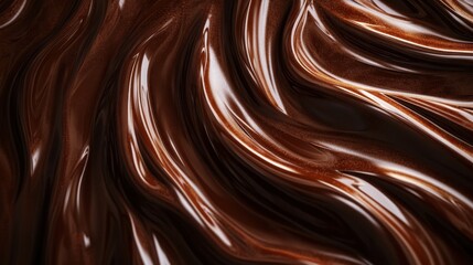 A smooth chocolate swirl design with liquid drops on a rich brown background, featuring a wavy metallic pattern