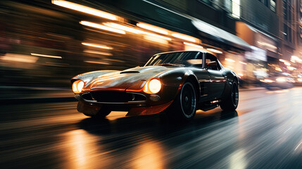 Poster - Street racing scene with sport car in neon lights. Speed lines and light trails of night urban drive.