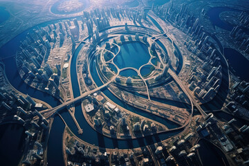 Wall Mural - Futuristic city aerial view at sunny day. Round structure of sci-fi metropolis from the bird view