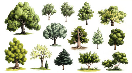 hand drawn collection of different trees and bushes isolated on white background