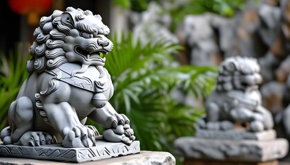 Two ancient stone lion statues have a majestic demeanor and are symbols of traditional culture.