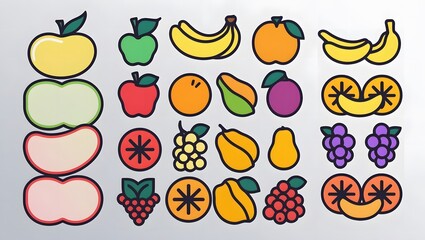 Icons, vectors, or logos for different fruits, such as strawberries, apples, oranges, kiwis, watermelons, grapes, cherries, cherries, sweet capsicum, bananas, peaches, etc