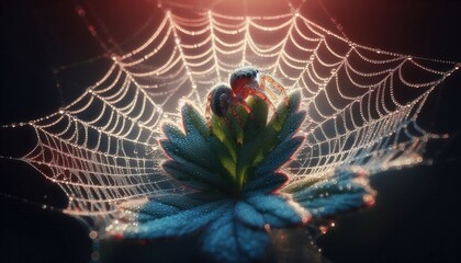 Wall Mural - A spider sits in a dew-covered web, with sunlight shining through.